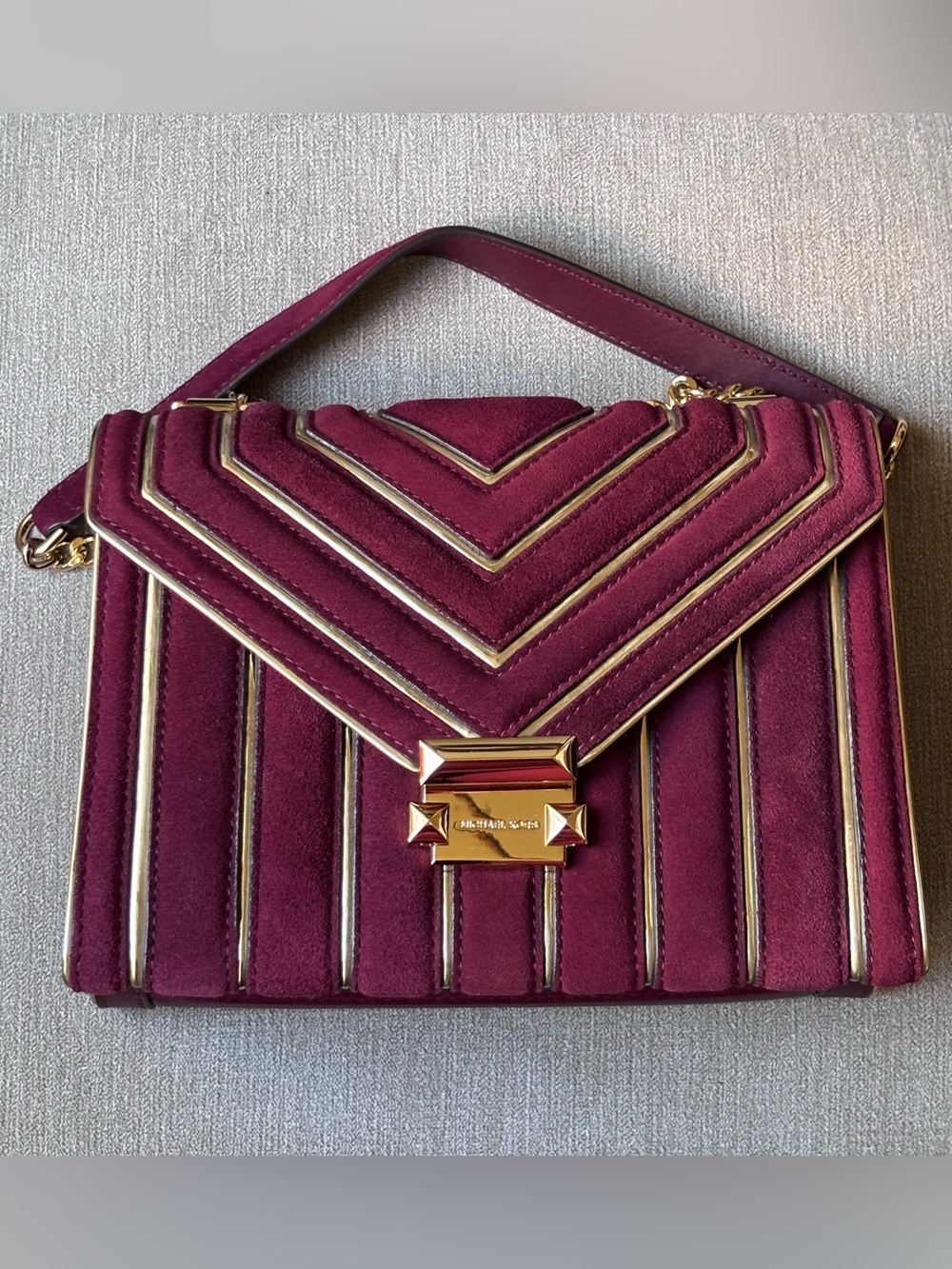 New Michael Kors Whitney genuine suede leather chevron quilted shoulder bag